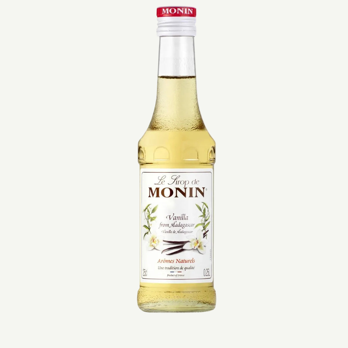Monin vanilės sirupo stiklinis butelis, 0,25 l