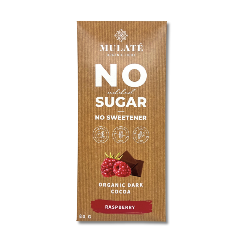 Mulate Organic-Light juodasis šokoladas su avietėmis ir kakavos gabaliukais, 80 g plytelė