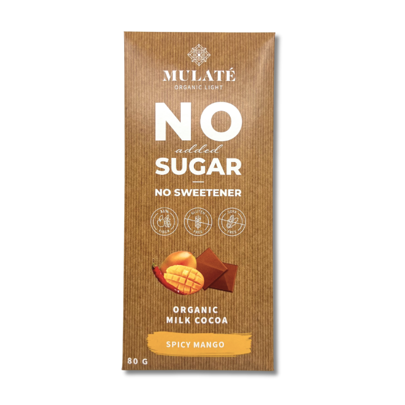 Mulate Organic-Light pieninis šokoladas su mango ir kajeno pipirais, 80 g plytelė