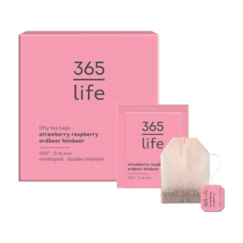 Vaisinė arbata Braškių–aviečių 365 life, 50 pakelių pakuotė